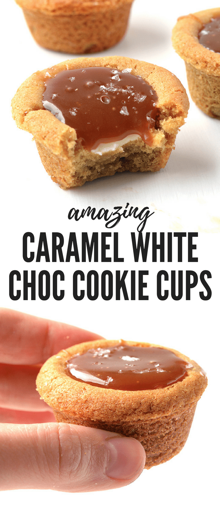 Homemade buttery cookie cups filled with white chocolate and salted caramel sauce. These taste INCREDIBLE! Recipe from sweetestmenu.com #cookies #caramel #whitechocolate #cookiecups
