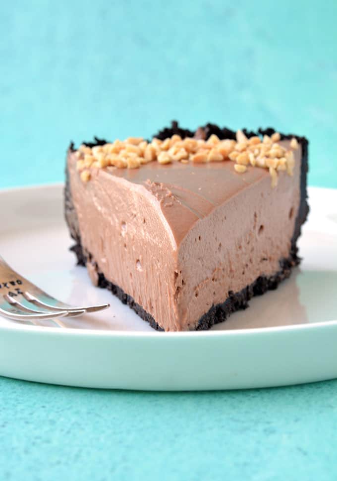 Close up of a slice of creamy Nutella Oreo Cheesecake
