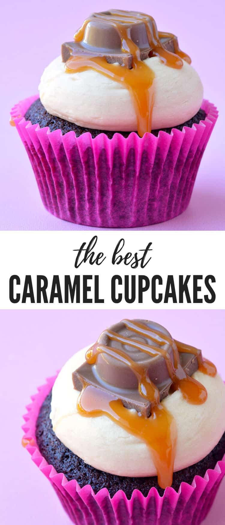 These Salted Caramel Chocolate Cupcakes are AMAZING! Soft chocolate cake topped with homemade caramel frosting, a drizzle of caramel sauce and a chocolate caramel Rolo! Recipe from sweetestmenu.com #dessert #cupcakes #caramel #chocolate