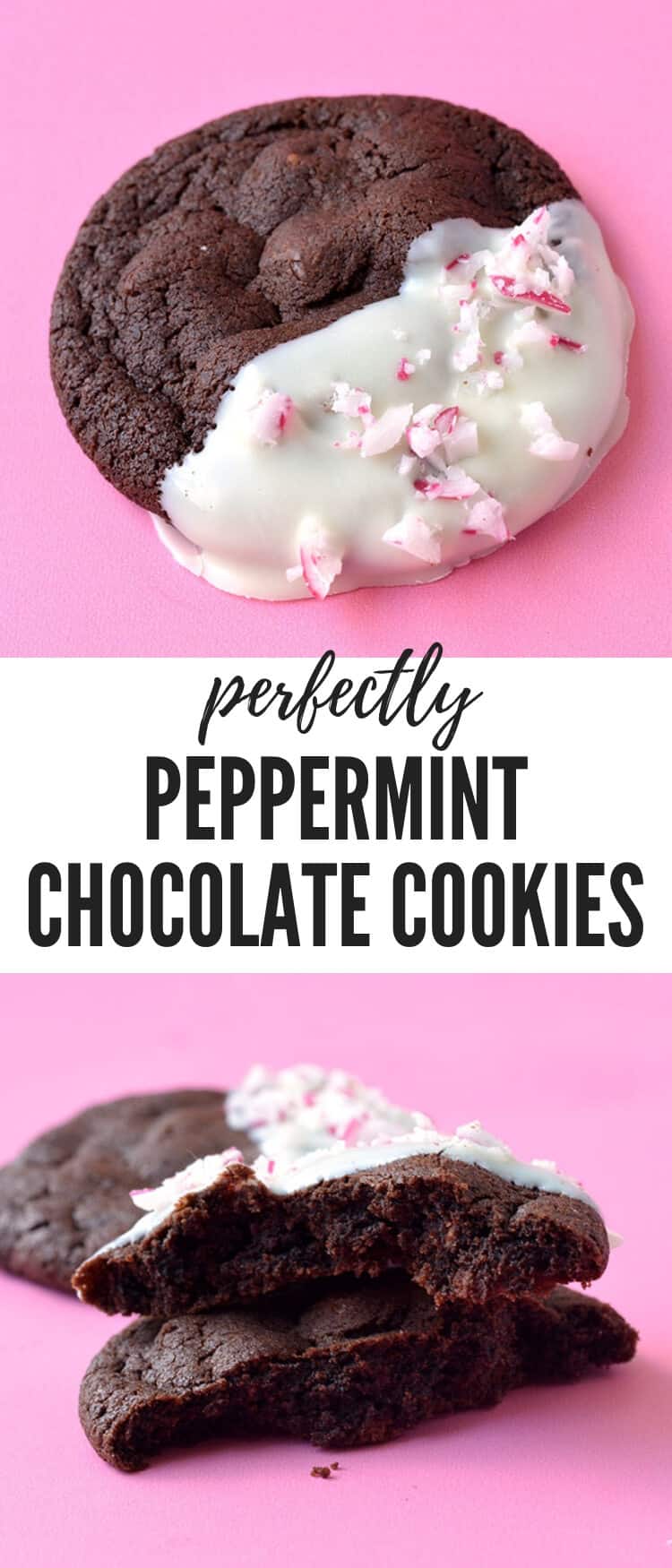 Perfectly Peppermint Chocolate Cookies just in time for Christmas! Soft and chewy double chocolate cookies dipped in white chocolate and sprinkled with peppermint candy canes. Find the recipe on sweetestmenu.com #christmas #cookies #chocolate #peppermint #mint