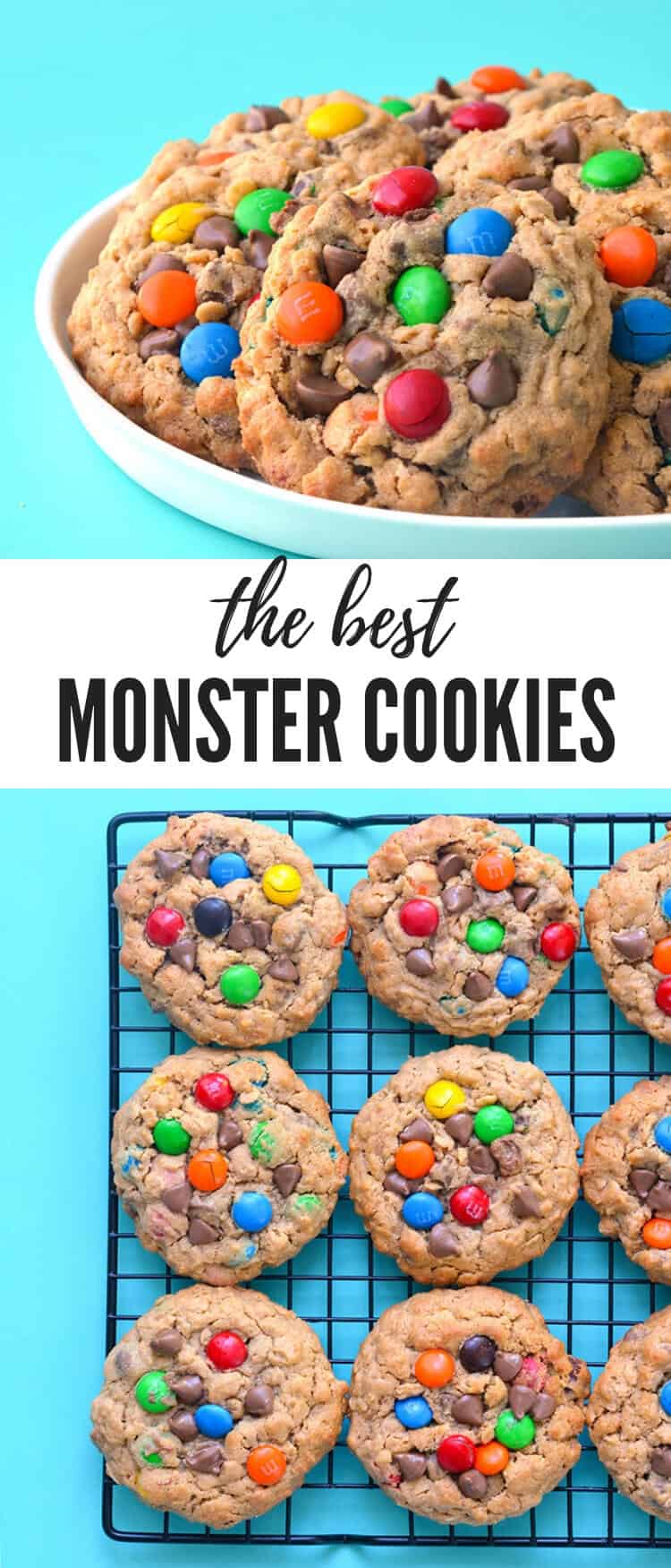 Love Monster Cookies? You'll love these chunky peanut butter Monster Cookies stuffed with chocolate chips, rolled oats and M&M candy. Recipe from sweetestmenu.coom #mms #chocolate #peanutbutter #cookies