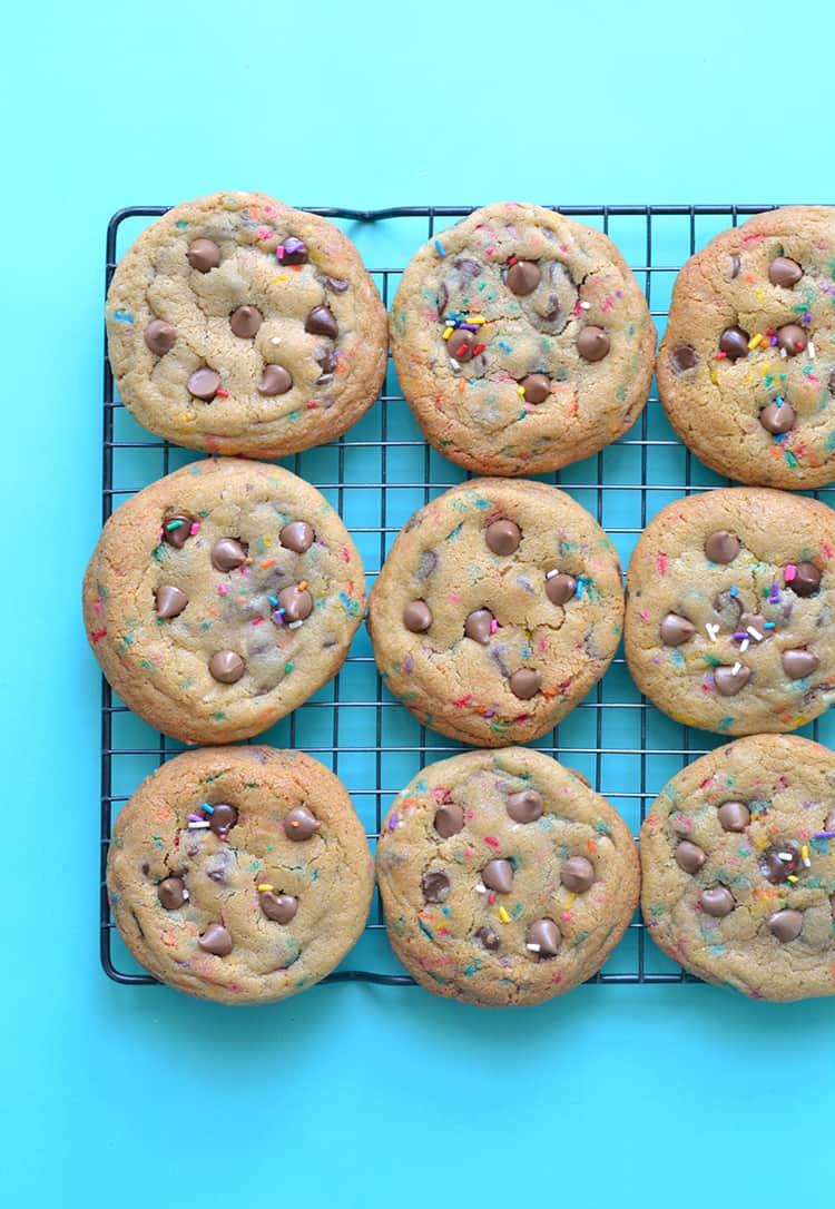 Funfetti Chocolate Chip Cookies on a wire rack