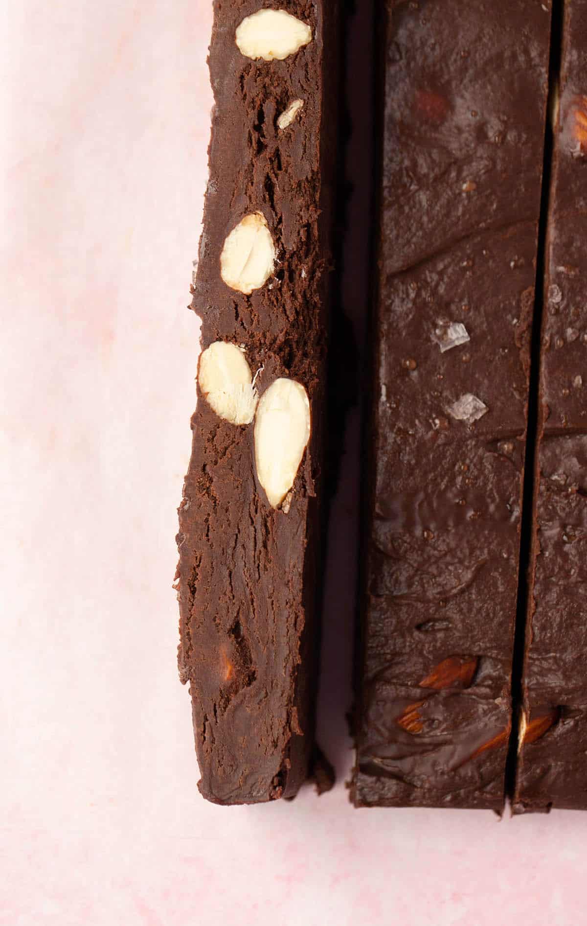 Close up of homemade log of Chocolate Almond Fudge.