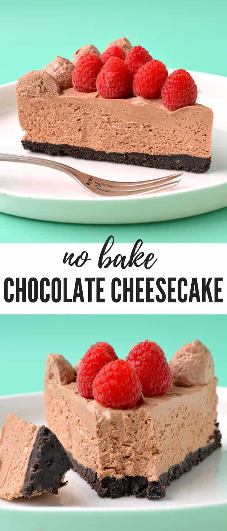 You don't even need to turn the oven on for this gorgeous No Bake Raspberry Chocolate Cheesecake. It features a crunchy Oreo crust, a creamy chocolate filling and a topping of fresh raspberries. Find the easy recipe on sweetestmenu.com #chocolate #cheesecake #dessert