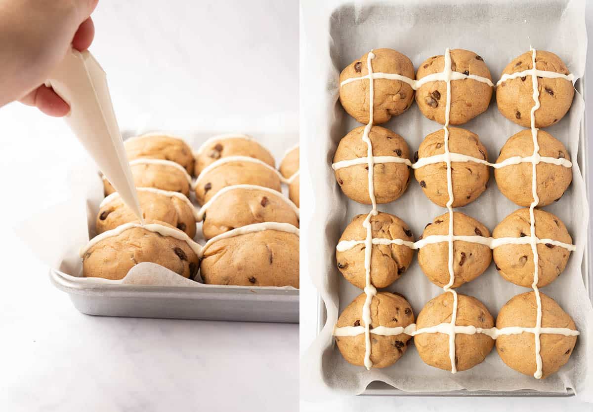 Photo tutorial showing how to pipe flour crosses on Hot Cross Buns.