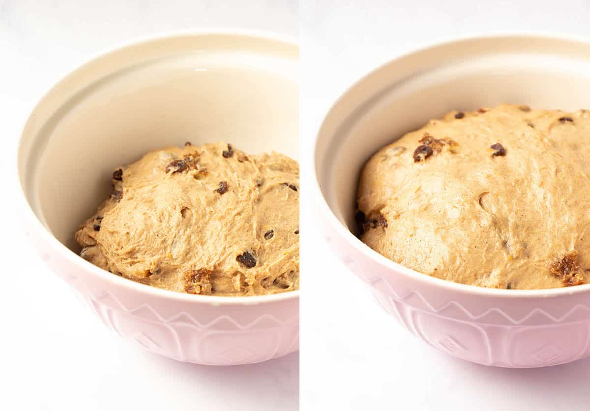 Two bowls of hot cross bun dough showing it before and after proving. 