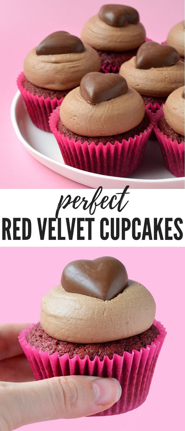 Celebrate Valentine's Day with these gorgeous Red Velvet Cupcakes. Homemade red velvet cupcakes covered in clouds of real chocolate frosting and topped with a chocolate heart. Recipe from sweetestmenu.com #valentinesday #redvelvet #cupcakes #cake #chocolate