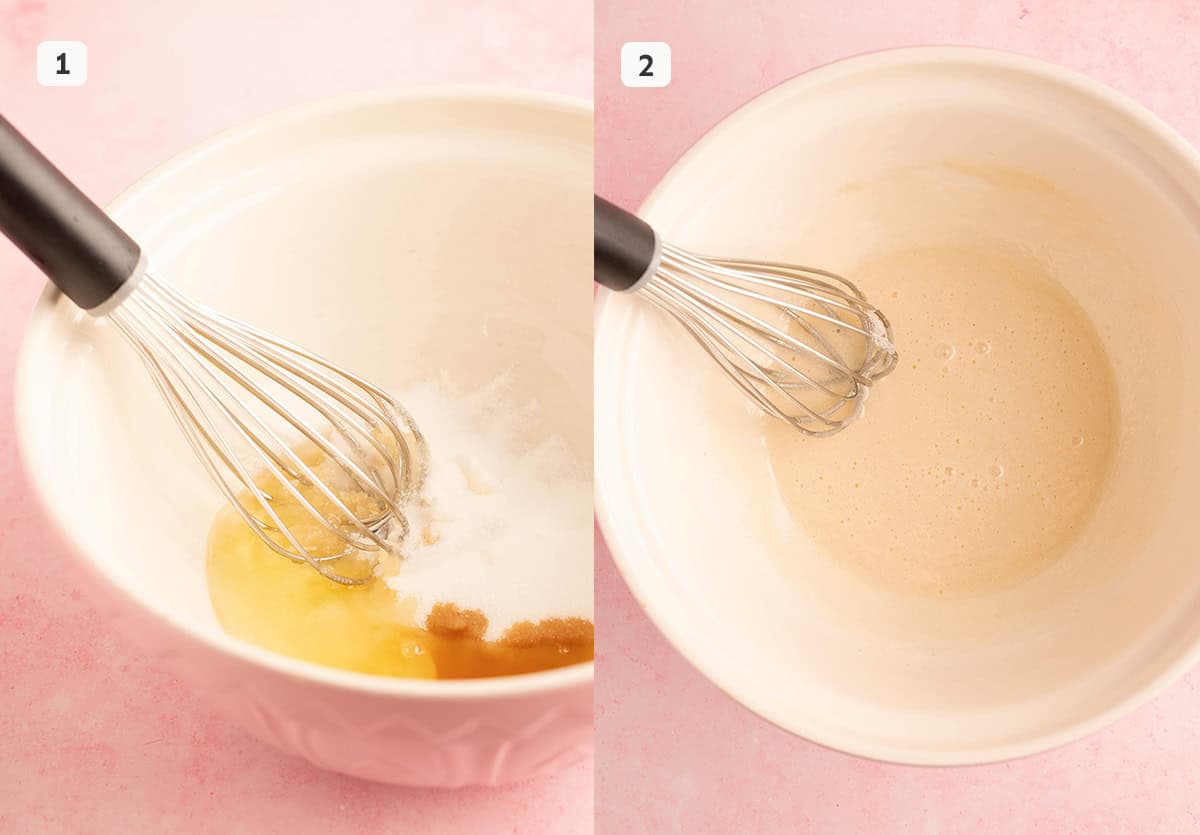 A mixing bowl filled with egg white and sugar to start. 
