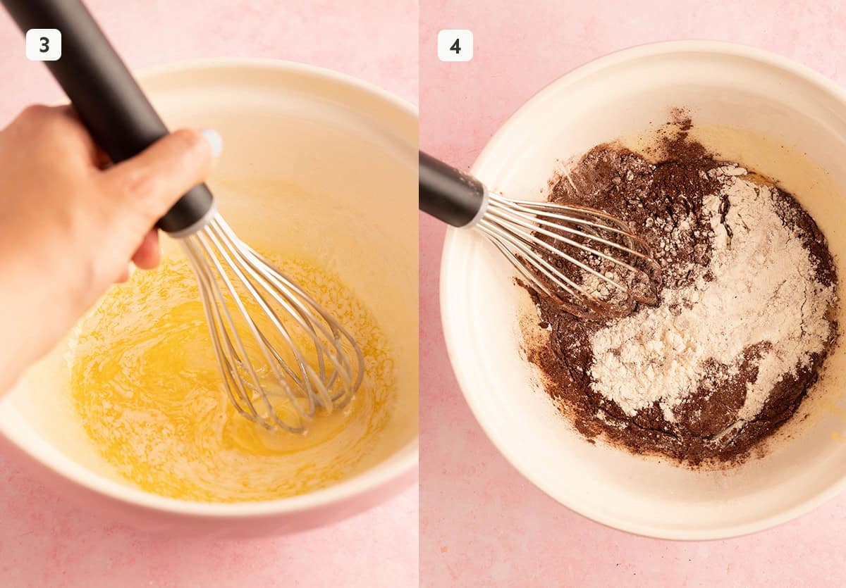 A large mixing bowl adding plain flour. for brownie bark.