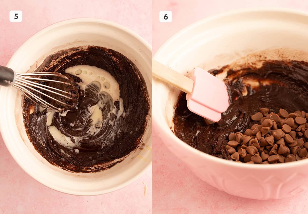 A pink mixing bowl filled with brownie batter.