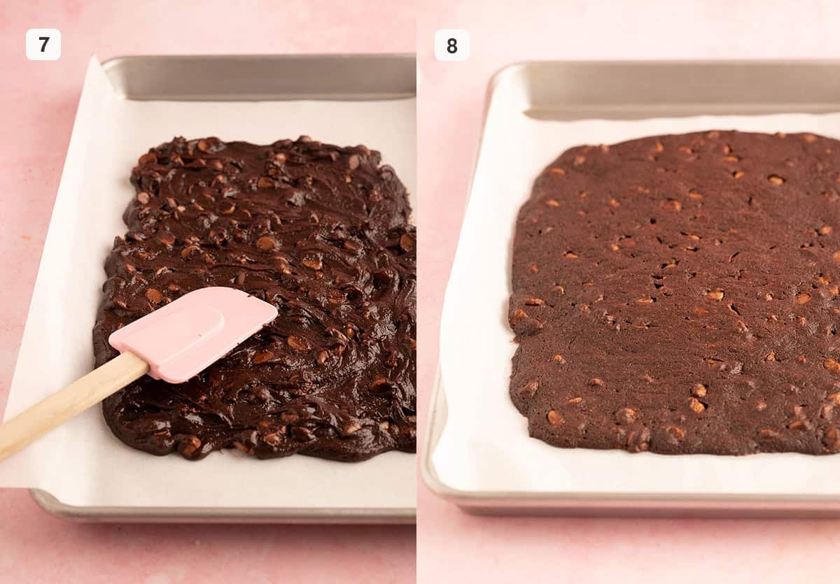 A large pan filled with brownie bark ready to be baked.