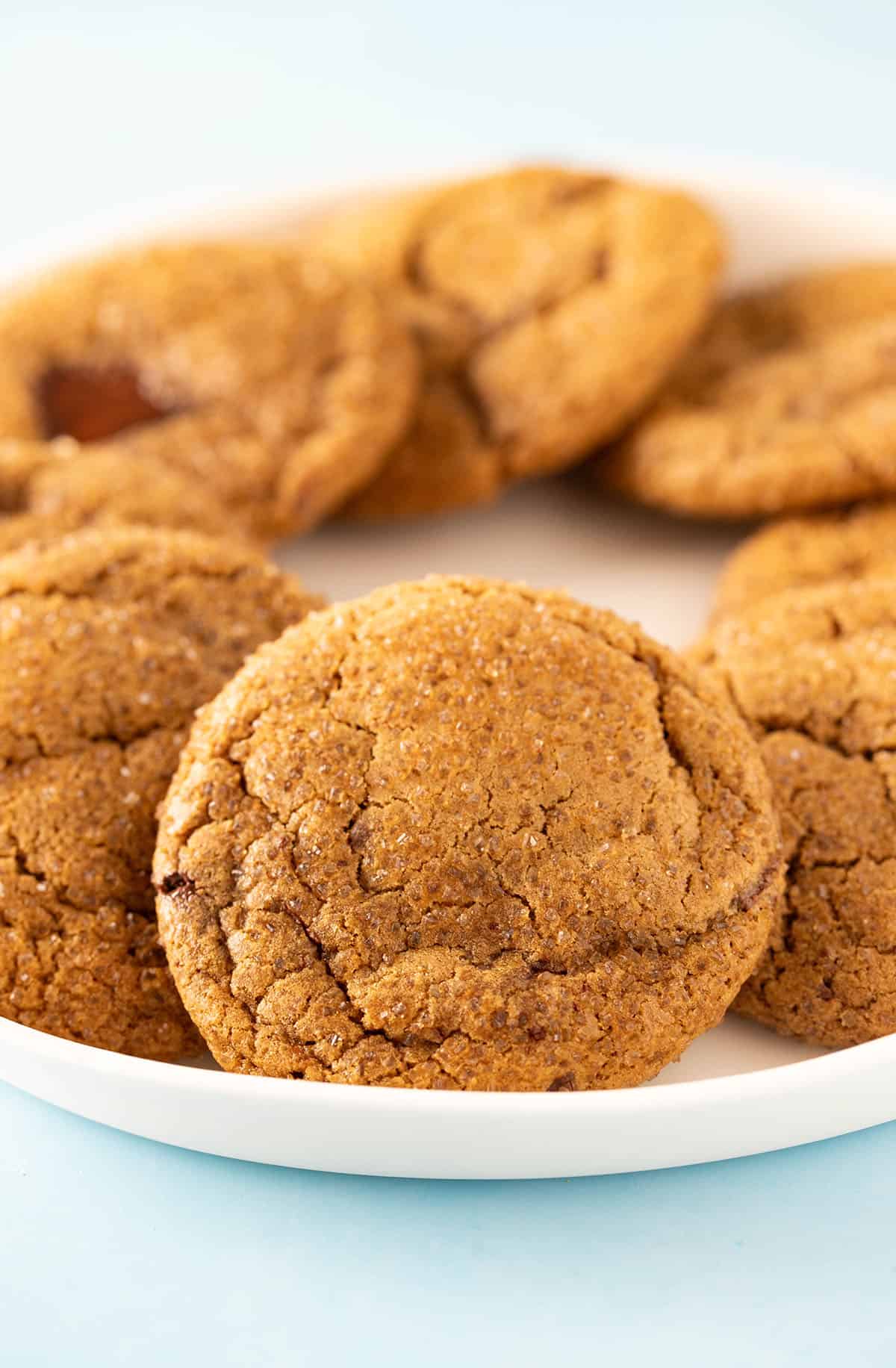A plate of Molasses Cookies on a blue background. 