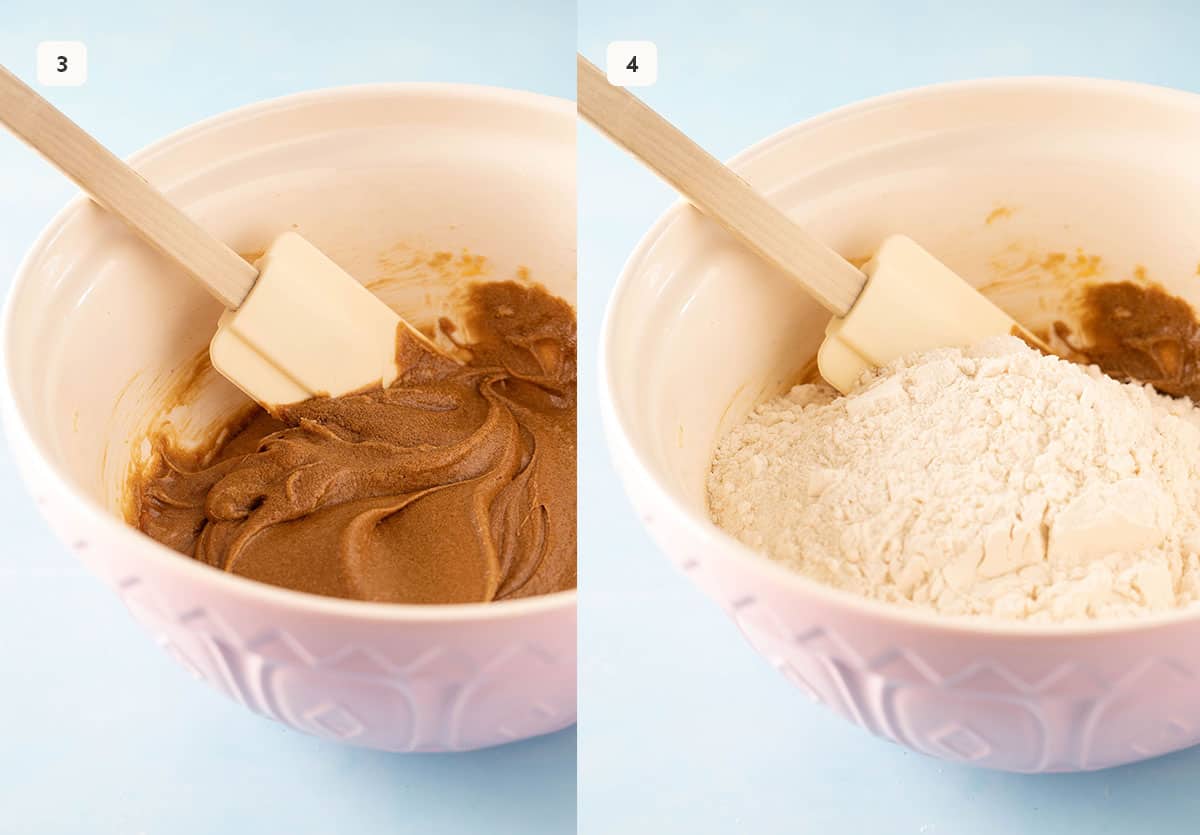 Mixing bowl showing how to add molasses to cookie dough, along with dry ingredients. 