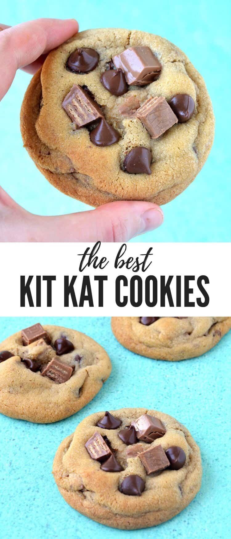 Soft and chewy Kit Kat Chocolate Chip Cookies filled to the brim with Kit Kat candy. These buttery cookies are made with melted butter so they come together using just a bowl and a spoon. Recipe from sweetestmenu.com #cookies #kitkats #chocolate #dessert