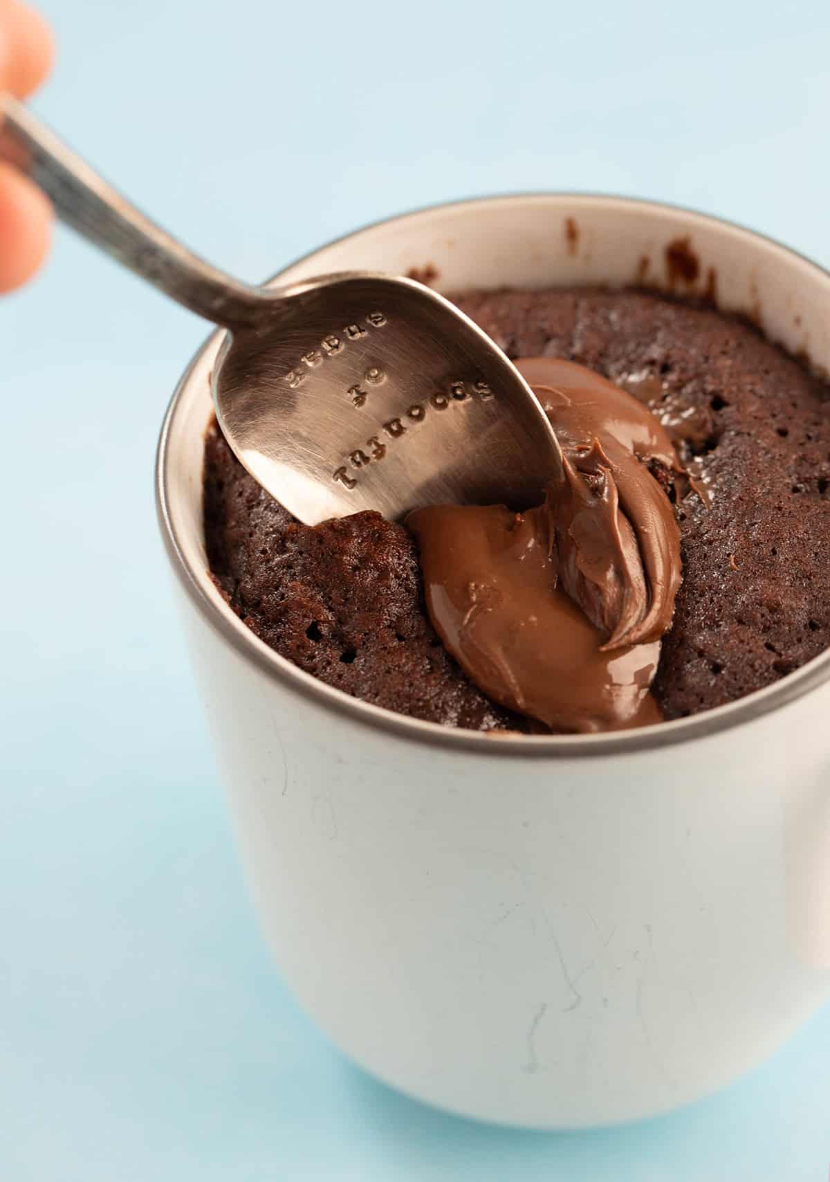 A nutella mug cake with a spoon going in.
