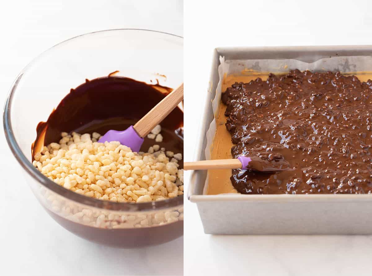 A photo tutorial showing how to add chocolate topping to homemade peanut butter brownie crunch bars.