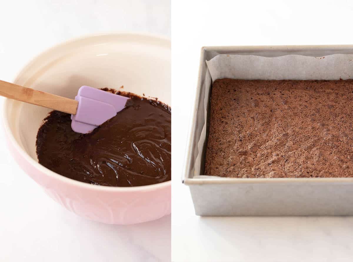 A photo tutorial showing brownie batter that is baked in a square pan. 