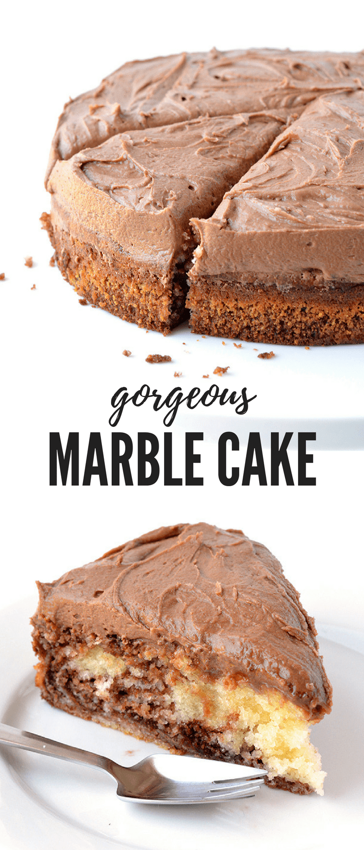 This gorgeous Marble Cake is made with both vanilla and chocolate batter! Topped with creamy chocolate frosting, it's the perfect cake. Recipe from sweetestmenu.com #cake #marble #chocolate #vanilla #frosting