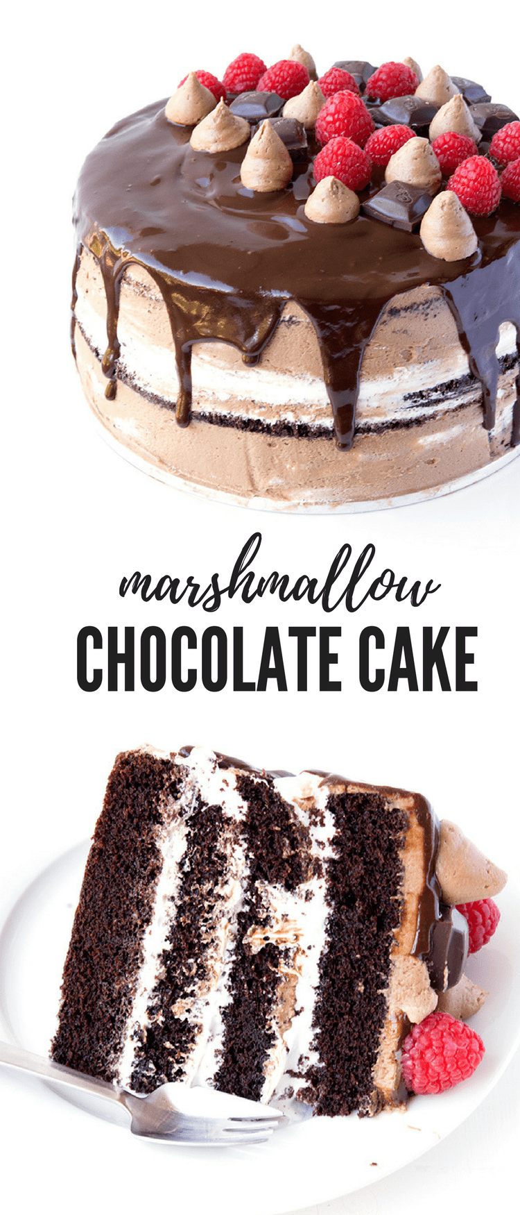 This gorgeous Raspberry Marshmallow Chocolate Layer Cake is AMAZING. Chocolate cake with layers of marshmallow frosting, creamy chocolate frosting and dark chocolate ganache. Recipe from sweetestmenu.com #cake #marshmallow #chocolate #raspberries #dessert
