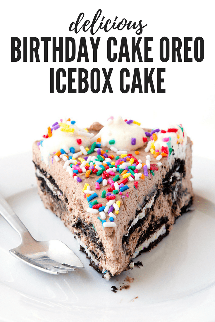 You'll love how easy this no bake Birthday Cake Oreo Icebox Cake is to make! Make with whipped cream, Oreos and sprinkles, it's perfect for a party! Recipe from sweetestmenu.com #cake #oreos #sprinkles #chocolate #cream