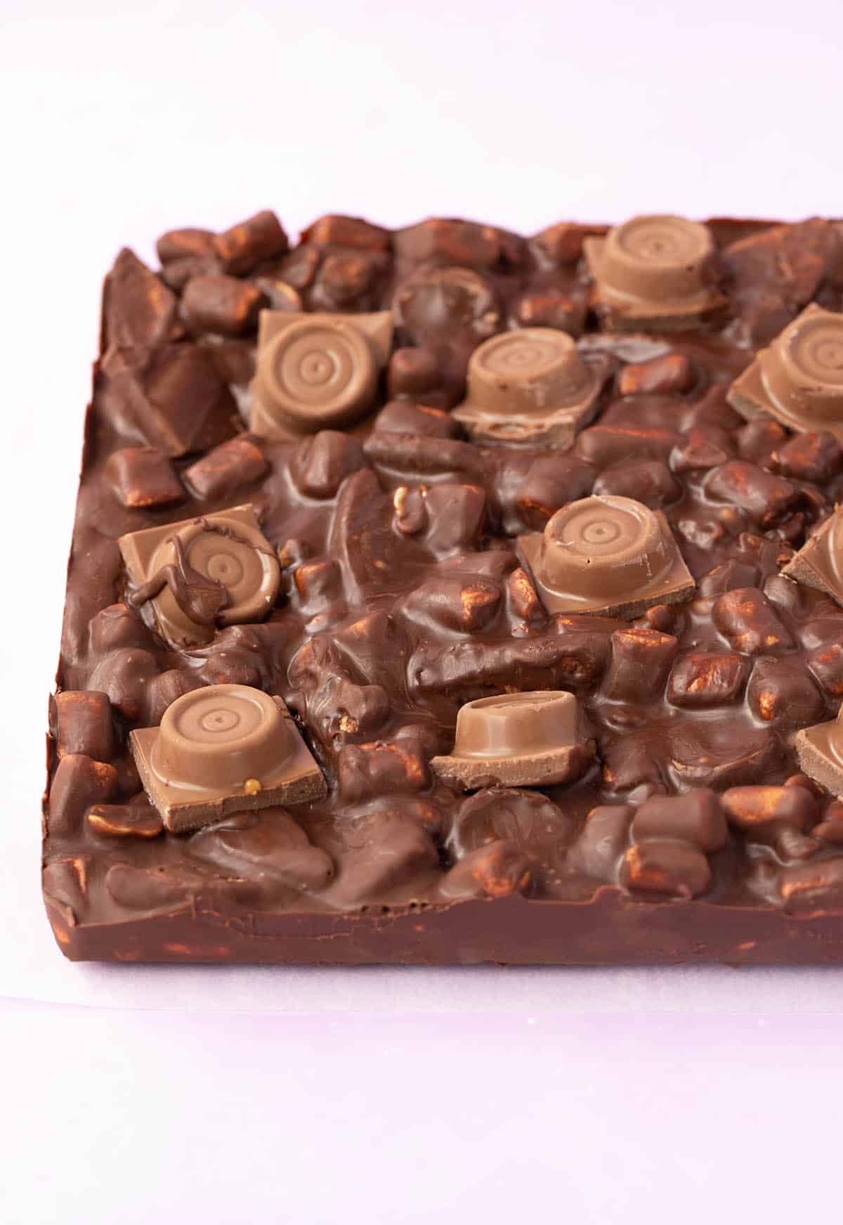 A slab of Rolo Rocky Road topped with Rolo chocolates. 