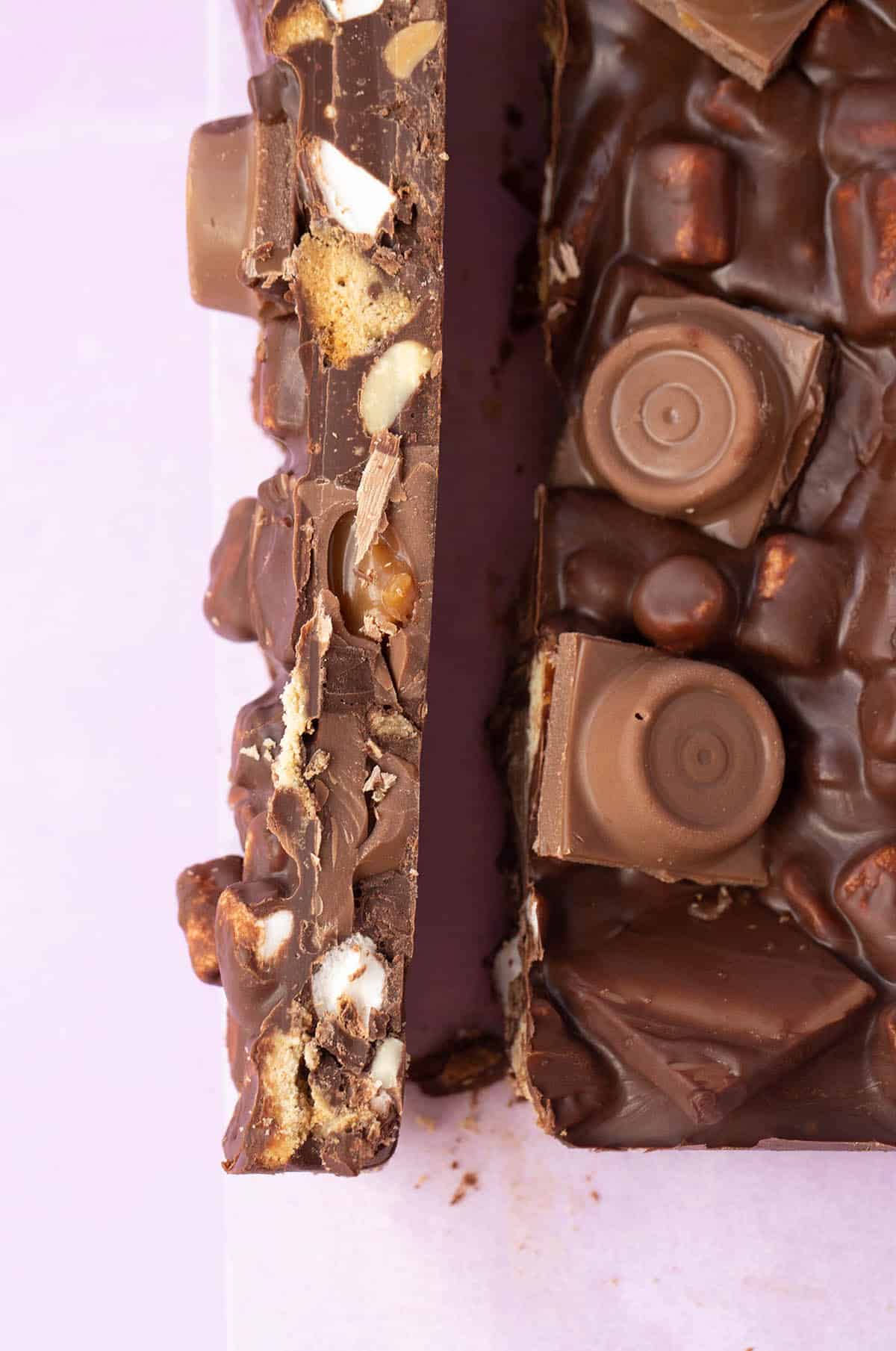 Top view of a sliced Rocky Road bake. 
