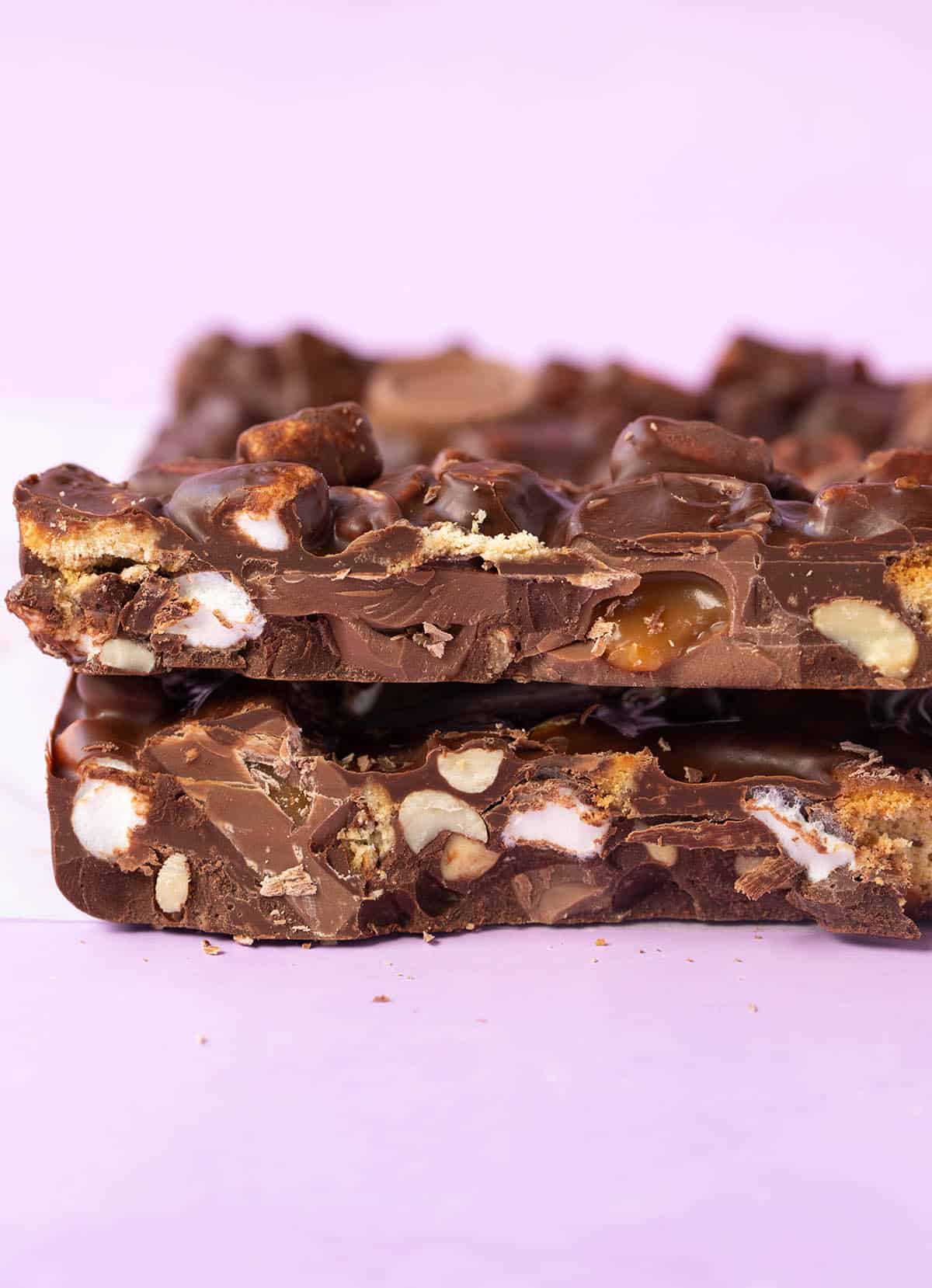 Homemade Rolo Rocky Road on a purple background. 