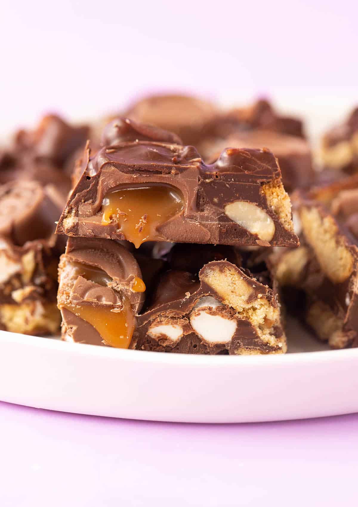 A stack of Rolo Rocky Road on a white plate. 