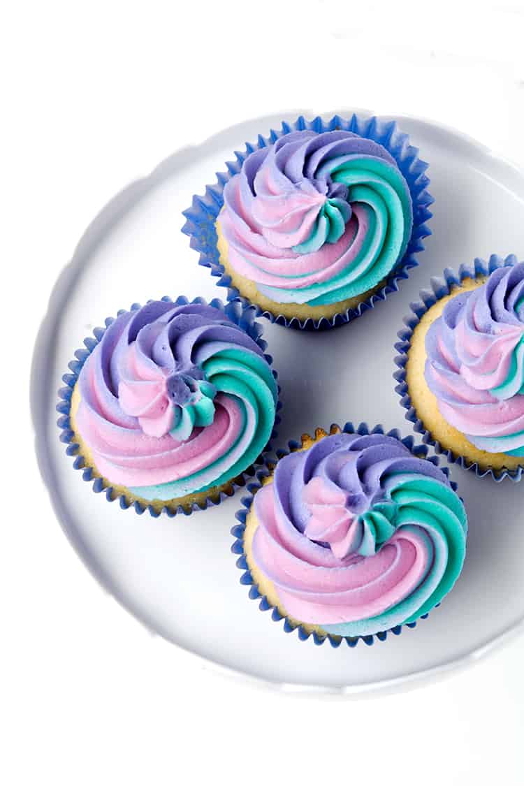 Cotton Candy Cupcakes with swirled rainbow frosting