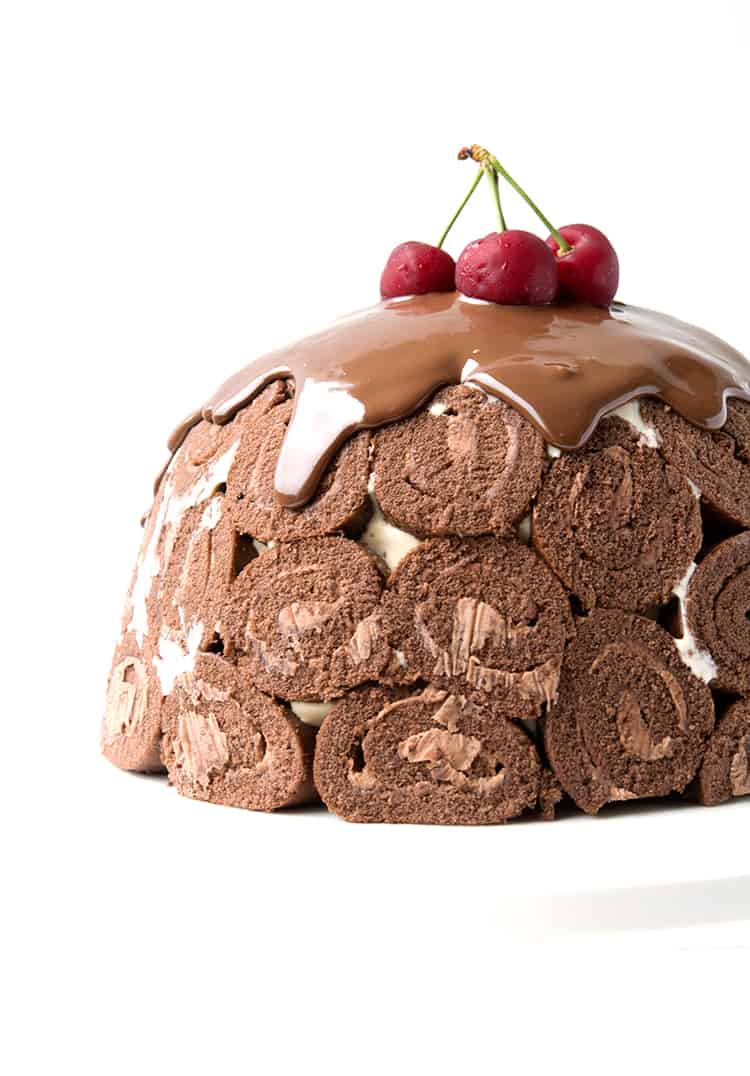 Chocolate Ice Cream Pudding Bombe topped with fresh cherries