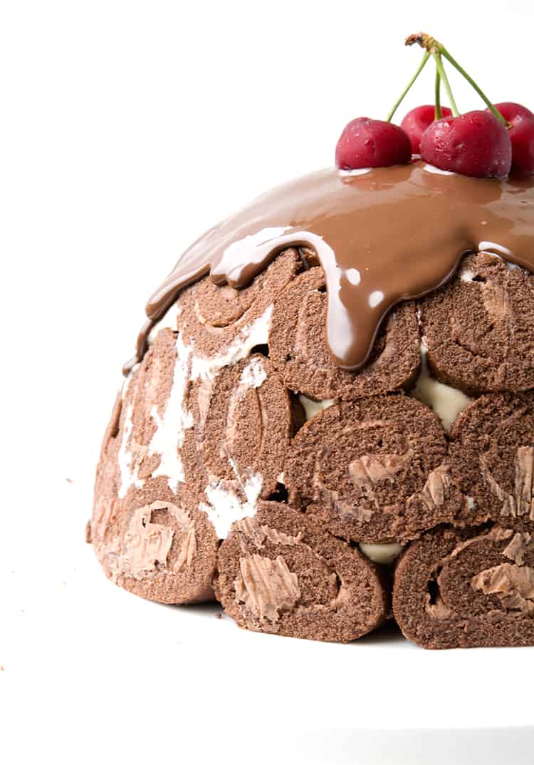 Chocolate Ice Cream Pudding Bombe topped with fresh cherries