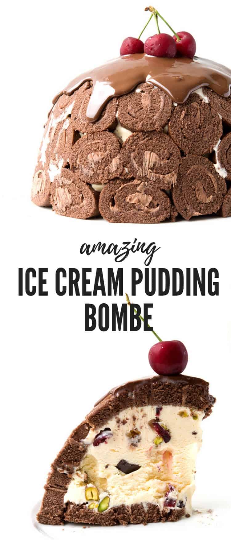This amazing Ice Cream Pudding Bombe is completely no bake and only takes 15 minutes to assemble! Make ahead of time for easy entertaining this Christmas!