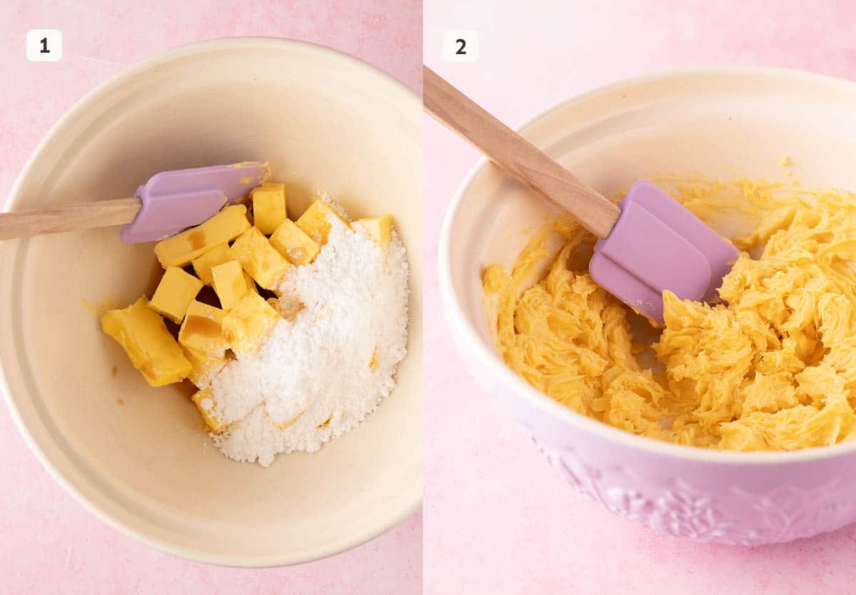 Side by side photos showing how to mix together butter and sugar for shortbread cookies.