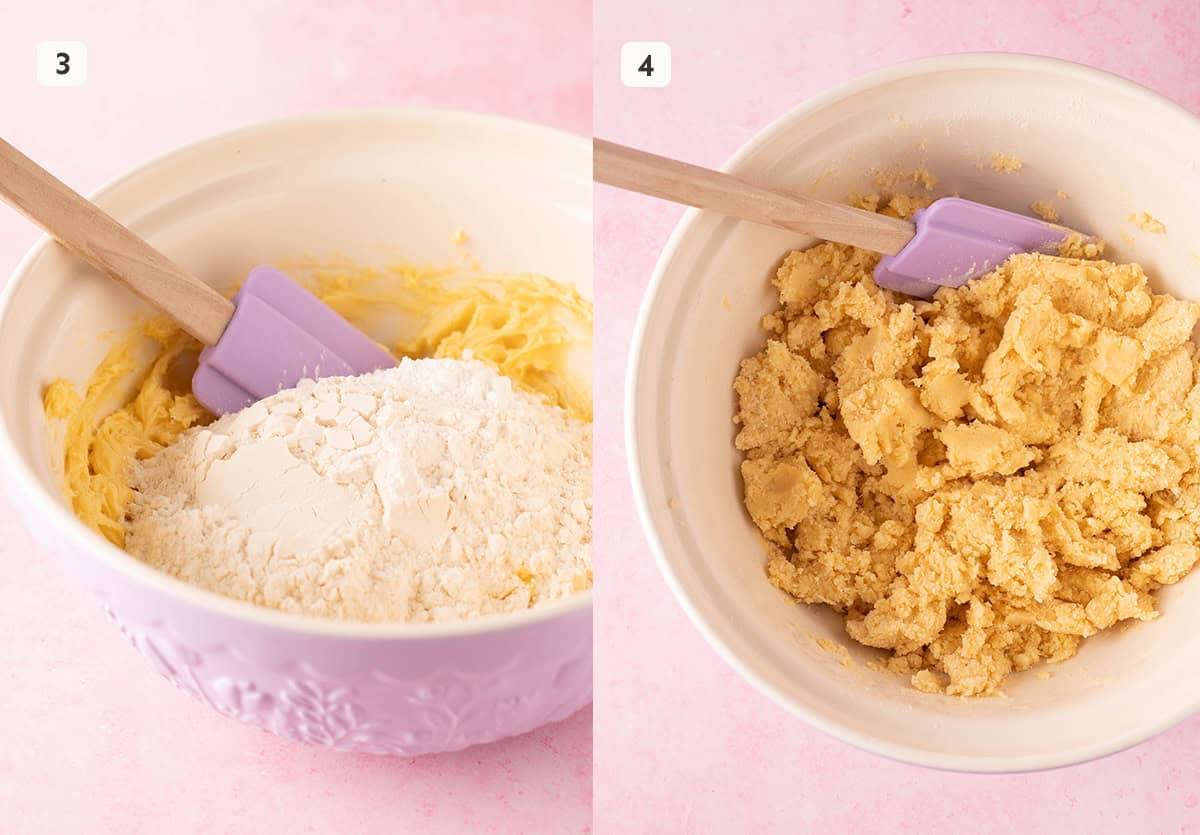 Mixing bowls showing how to add flour to make shortbread cookie dough. 