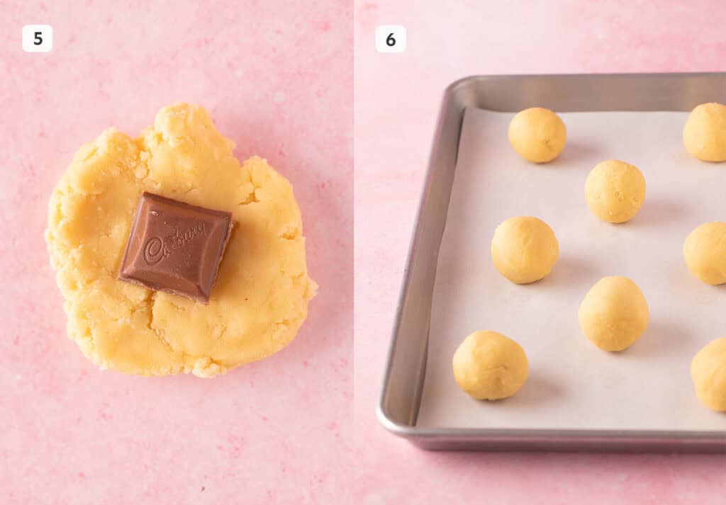 Showing how to stuff buttery cookie dough with a piece of chocolate. 