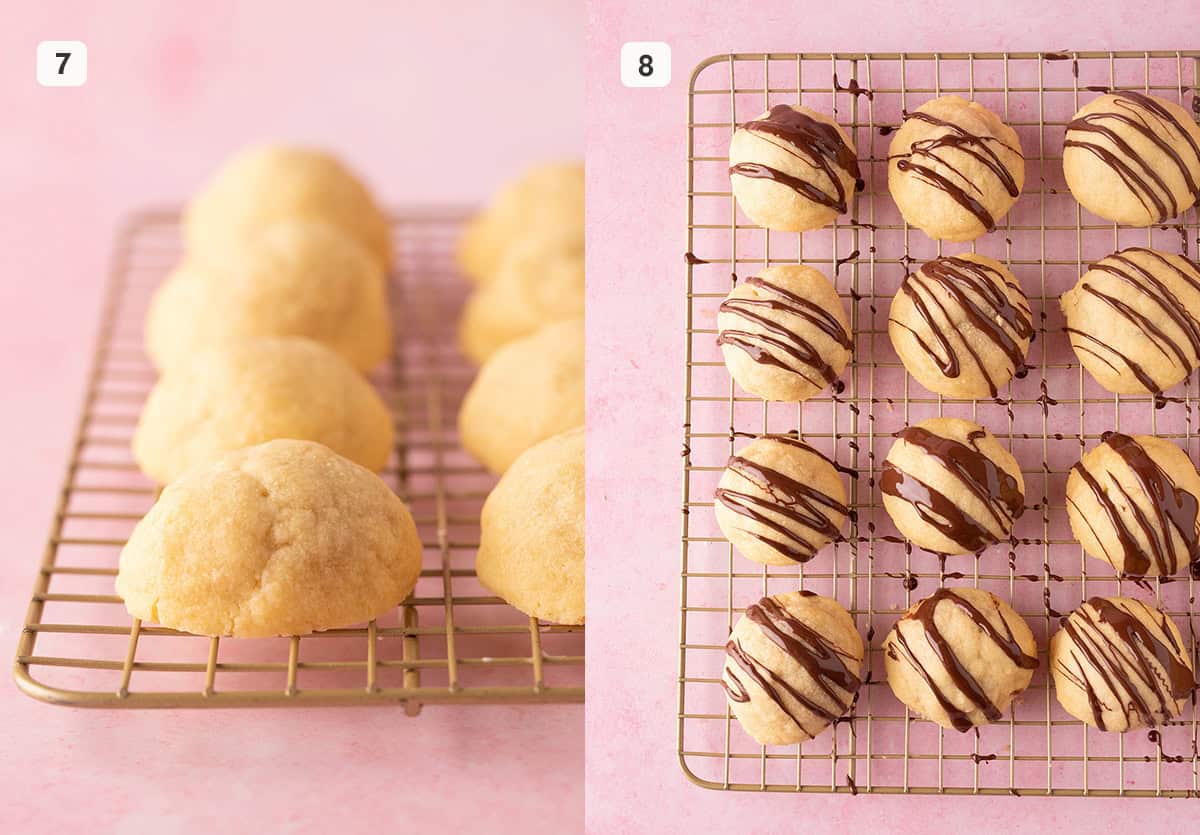 Finished shortbread cookies being drizzled with chocolate.