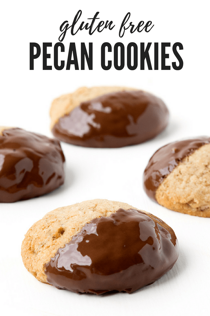 My favourite gluten free cookies! These one bowl Pecan Almond Cookies are dipped in dark chocolate and only take 30 minutes to make! Recipe from sweetestmenu.com #cookies #glutenfree #healthy #easy #chocolate