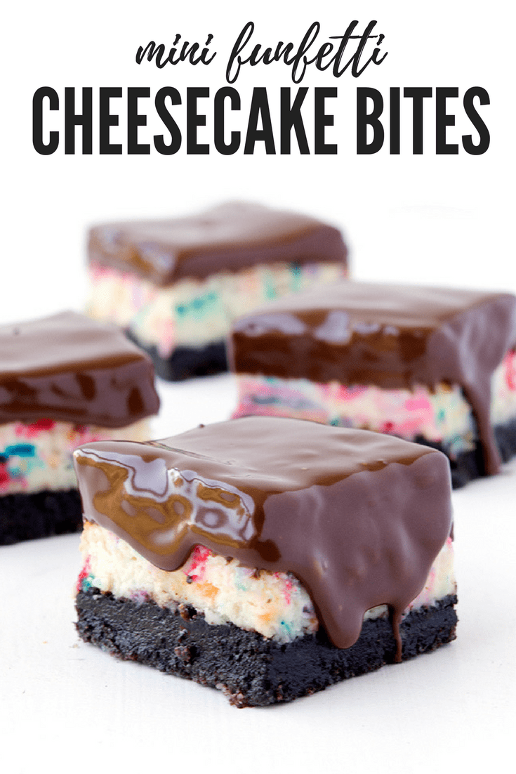 You'll LOVE these Mini Funfetti Cheesecake Bites! With an Oreo crust, a creamy funfetti cheesecake filling and drippy dark chocolate - they're an absolutely amazing dessert! Recipe from sweetestmenu.com #cheesecake #oreos #chocolate #funfetti #sprinkles #dessert