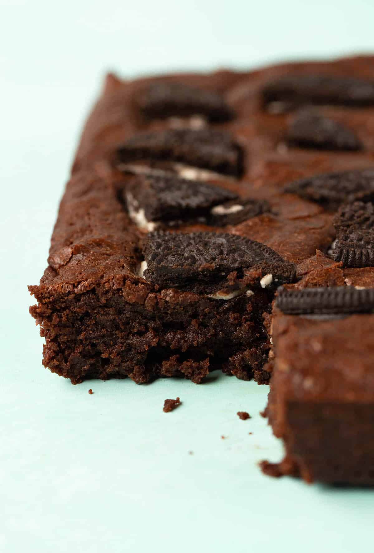 Close up of the fudgy middle of a homemade brownie.