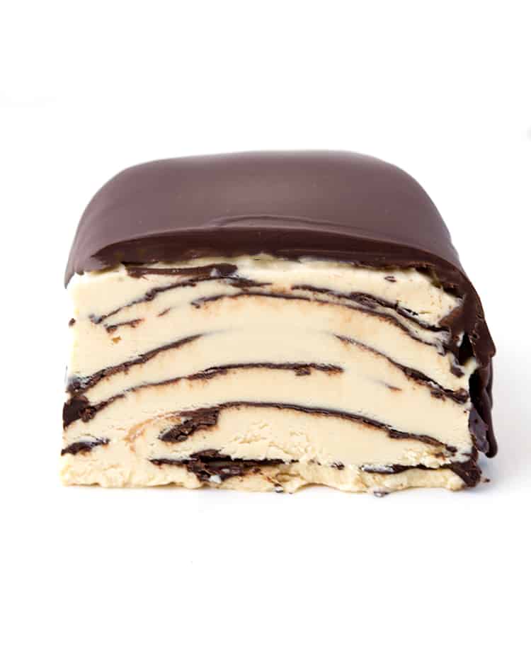 Peanut butter ice cream cake covered in chocolate