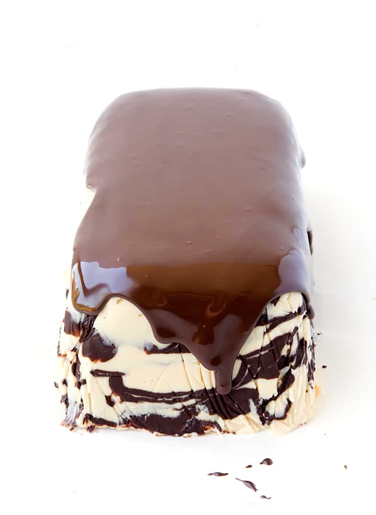Peanut butter ice cream cake covered in chocolate