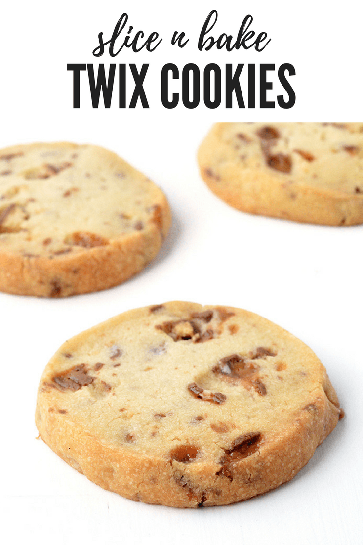 Buttery Twix Slice And Bake Cookies made with just 5 ingredients! These egg-free shortbread cookies come together in just 15 minutes and can be baked at any time of the day or night! Recipe from sweetestmenu.com #cookies #Twix #dessert