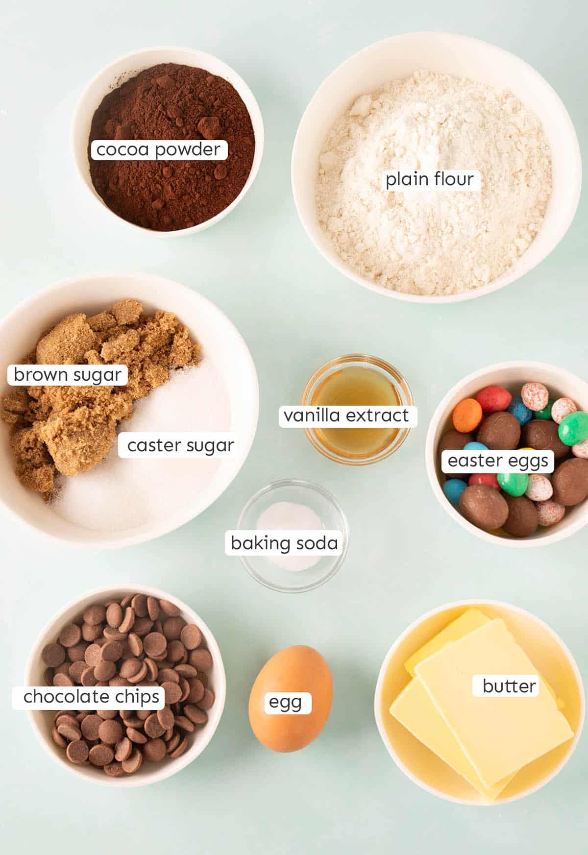 All the ingredients needed to make Chocolate Easter Egg Cookies from scratch.