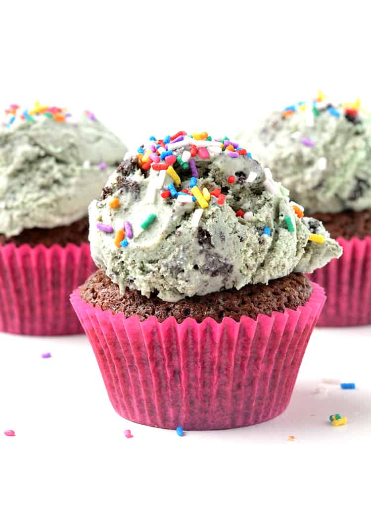 Brownie cupcakes topped with mint chip ice cream and sprinkles
