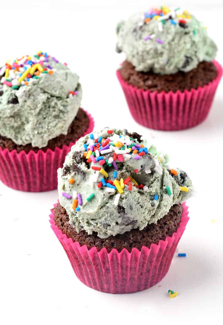 Brownie cupcakes with mint chip ice cream and sprinkles