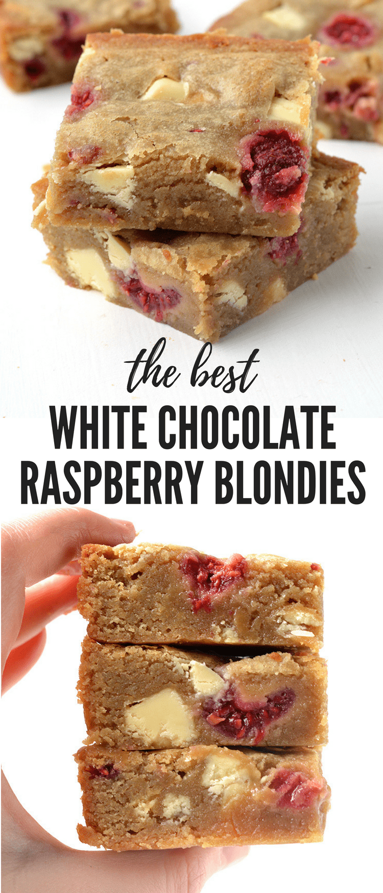OH my word! These are the BEST blondies i've ever had! They're perfectly buttery with plenty of brown sugar and stuffed with white chocolate and raspberries. Recipe from sweetestmenu.com #blondies #chocolate #raspberries