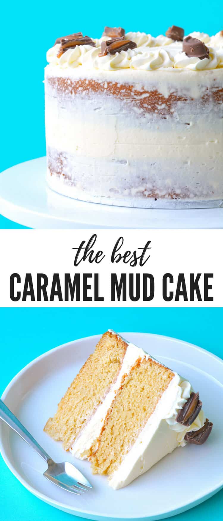 You'll love this gorgeous two-layer Caramel Mud Cake topped with creamy white chocolate buttercream. It's so easy to make! And delicious! Recipe from sweetestmenu.com #cake #caramel #buttercream
