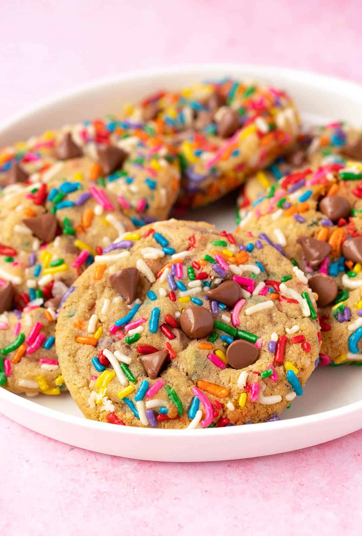 A beautiful plate of homemade Funfetti Chocolate Chip Cookies.