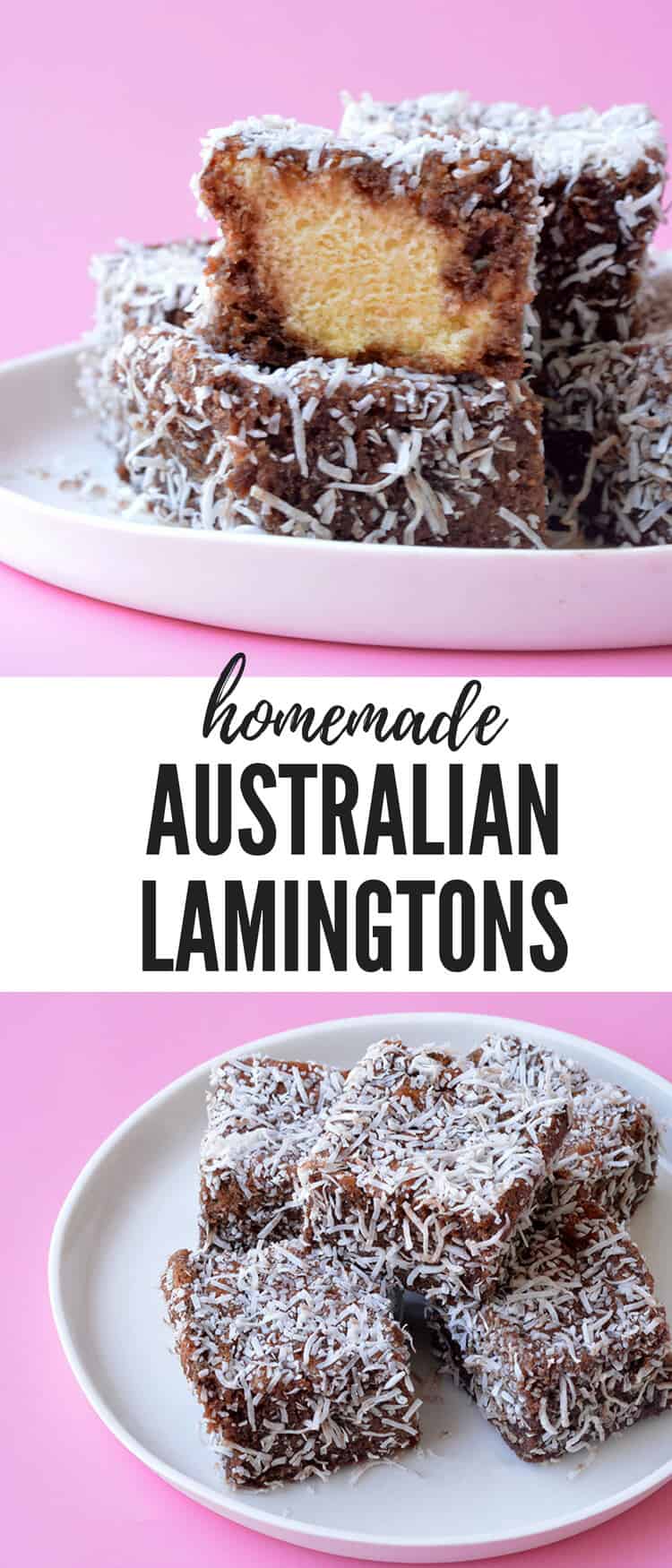 Learn how to make gorgeous homemade Lamingtons from scratch. This gorgeous Australia sponge cake is dipped in chocolate and covered in coconut - yum! Recipe from sweetestmenu.com #chocolate #coconut #cake #lamingtons