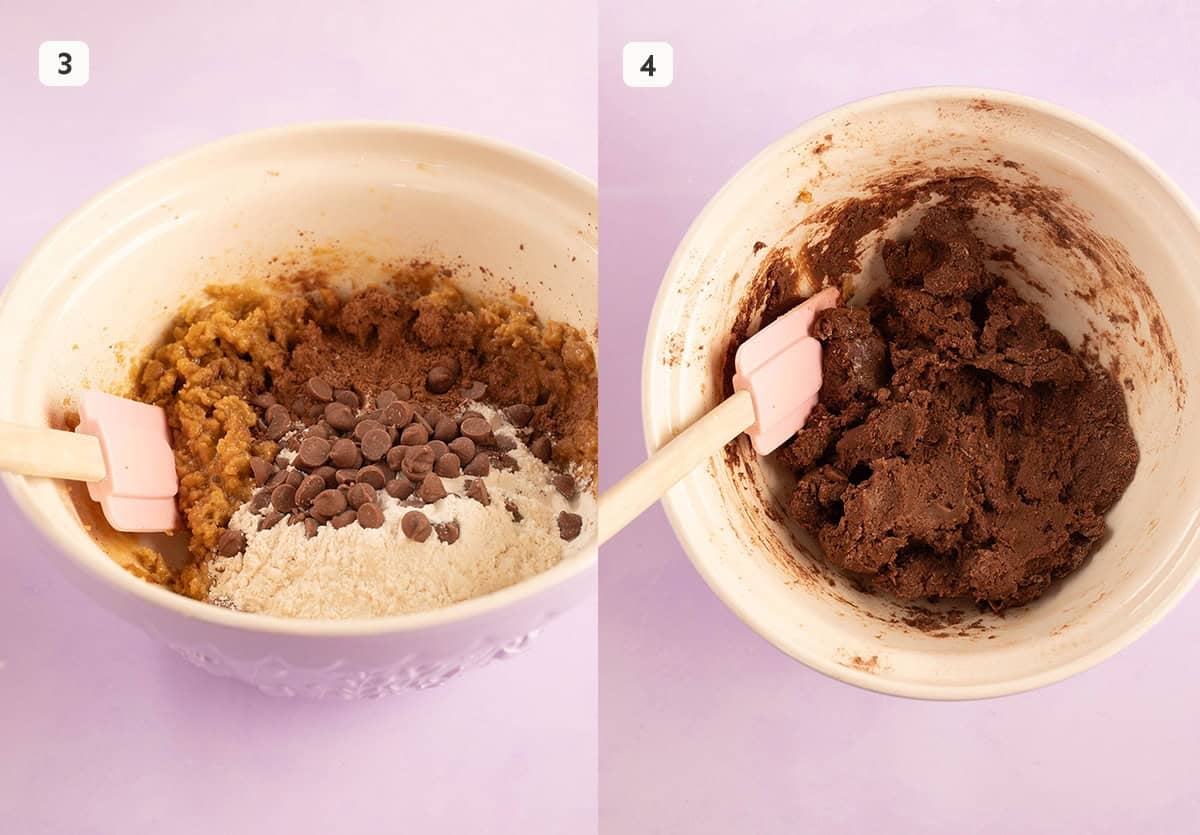 A large mixing bowl showing how to add flour and cocoa to make a thick cookie dough.